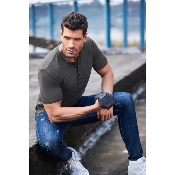 COOFANDY Men's 2 Pack Henley Shirts Short Sleeve Casual Ribbed Knit T Shirts Stretch Muscle Tee Shirts