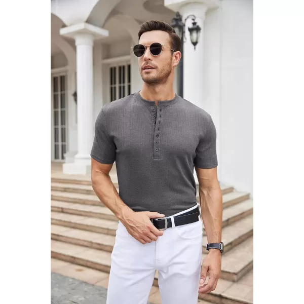 COOFANDY Men's 2 Pack Henley Shirts Short Sleeve Casual Ribbed Knit T Shirts Stretch Muscle Tee Shirts