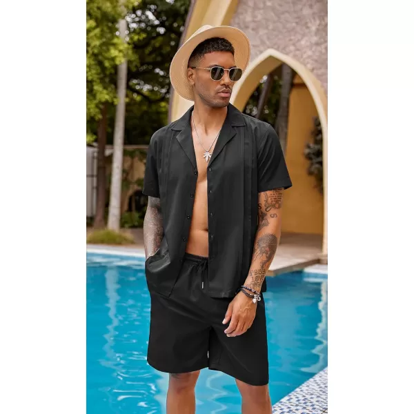COOFANDY Mens 2 Piece Short Set Guayabera Button Down Shirt Casual Summer Beach Outfits