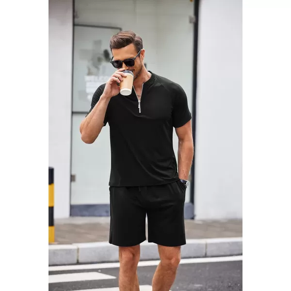 COOFANDY Men's 2 Pieces Outfits Cotton Quarter Zip T Shirt and Shorts Set Casual Athletic Suit Summer Tracksuits