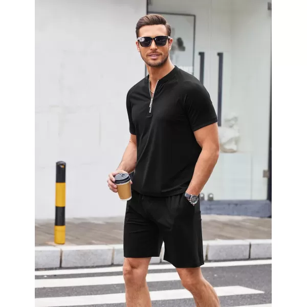 COOFANDY Men's 2 Pieces Outfits Cotton Quarter Zip T Shirt and Shorts Set Casual Athletic Suit Summer Tracksuits