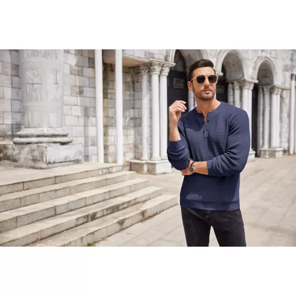 COOFANDY Men's Henley Knit Sweater Long Sleeve Button Pullover Sweater Casual Waffle Texture Fashion Henley Sweater