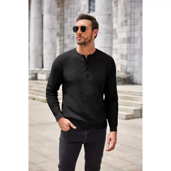 COOFANDY Men's Henley Knit Sweater Long Sleeve Button Pullover Sweater Casual Waffle Texture Fashion Henley Sweater