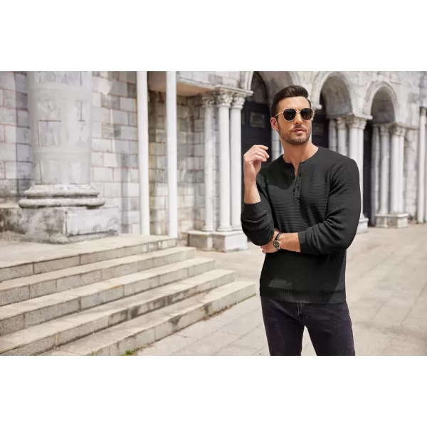 COOFANDY Men's Henley Knit Sweater Long Sleeve Button Pullover Sweater Casual Waffle Texture Fashion Henley Sweater