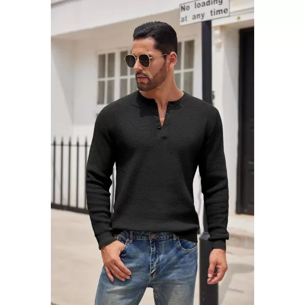 COOFANDY Men's Henley Knit Sweater Long Sleeve Button Pullover Sweater Casual Waffle Texture Fashion Henley Sweater