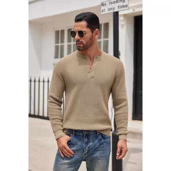COOFANDY Men's Henley Knit Sweater Long Sleeve Button Pullover Sweater Casual Waffle Texture Fashion Henley Sweater