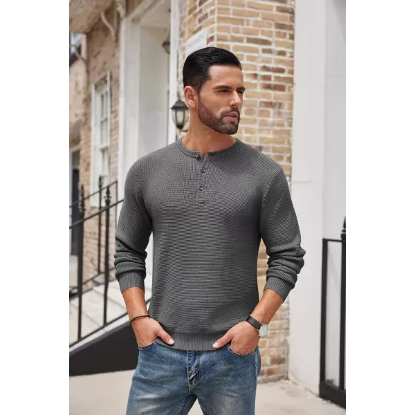 COOFANDY Men's Henley Knit Sweater Long Sleeve Button Pullover Sweater Casual Waffle Texture Fashion Henley Sweater