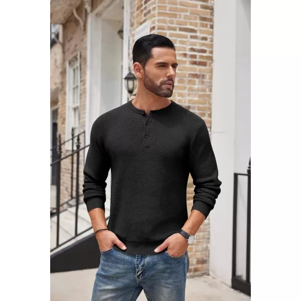 COOFANDY Men's Henley Knit Sweater Long Sleeve Button Pullover Sweater Casual Waffle Texture Fashion Henley Sweater
