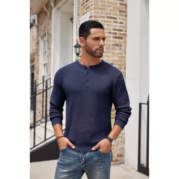 COOFANDY Men's Henley Knit Sweater Long Sleeve Button Pullover Sweater Casual Waffle Texture Fashion Henley Sweater