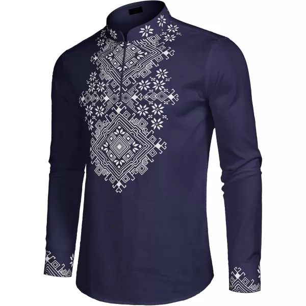 COOFANDY Men's Henley Shirt Vyshyvanka Long Sleeve African Print Shirts Casual Zip Up Cotton Linen Beach Hippie Shirt