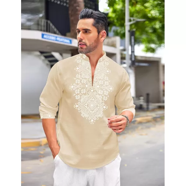 COOFANDY Men's Henley Shirt Vyshyvanka Long Sleeve African Print Shirts Casual Zip Up Cotton Linen Beach Hippie Shirt