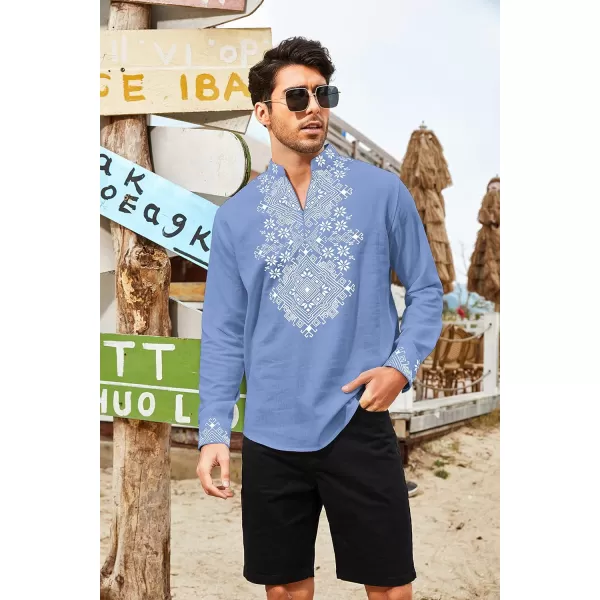 COOFANDY Men's Henley Shirt Vyshyvanka Long Sleeve African Print Shirts Casual Zip Up Cotton Linen Beach Hippie Shirt