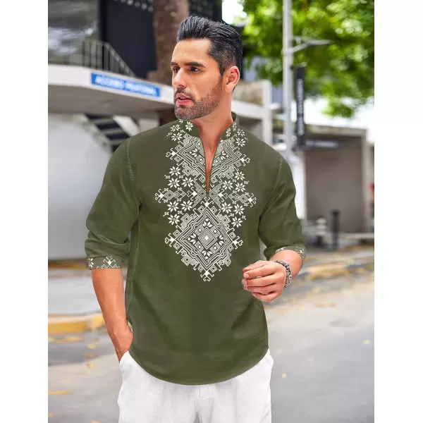 COOFANDY Men's Henley Shirt Vyshyvanka Long Sleeve African Print Shirts Casual Zip Up Cotton Linen Beach Hippie Shirt