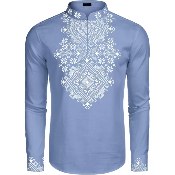COOFANDY Men's Henley Shirt Vyshyvanka Long Sleeve African Print Shirts Casual Zip Up Cotton Linen Beach Hippie Shirt
