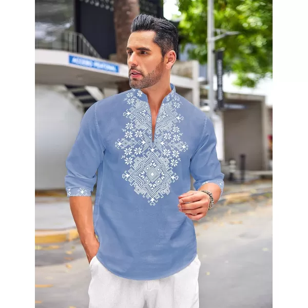 COOFANDY Men's Henley Shirt Vyshyvanka Long Sleeve African Print Shirts Casual Zip Up Cotton Linen Beach Hippie Shirt