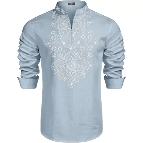 COOFANDY Men's Henley Shirt Vyshyvanka Long Sleeve African Print Shirts Casual Zip Up Cotton Linen Beach Hippie Shirt