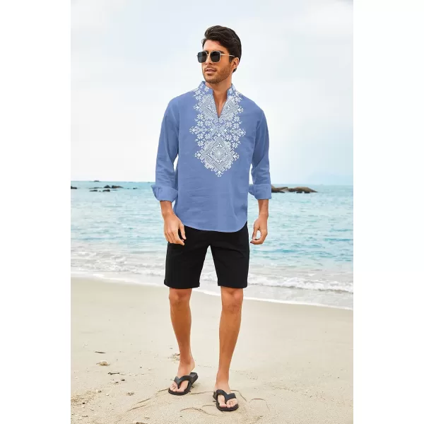 COOFANDY Men's Henley Shirt Vyshyvanka Long Sleeve African Print Shirts Casual Zip Up Cotton Linen Beach Hippie Shirt