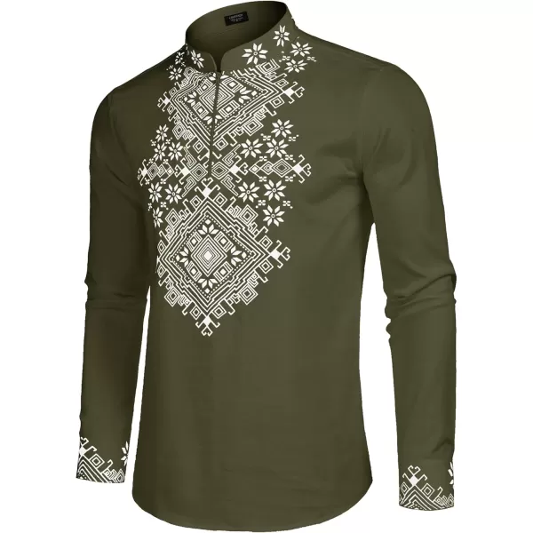 COOFANDY Men's Henley Shirt Vyshyvanka Long Sleeve African Print Shirts Casual Zip Up Cotton Linen Beach Hippie Shirt