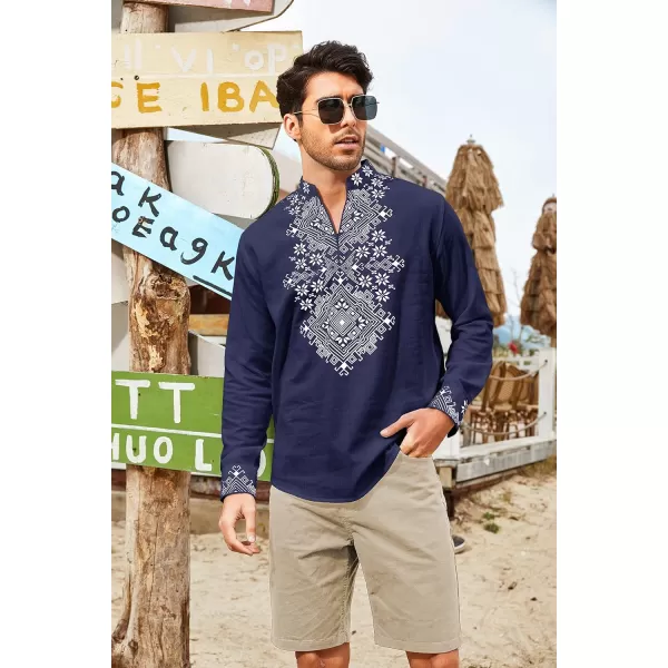 COOFANDY Men's Henley Shirt Vyshyvanka Long Sleeve African Print Shirts Casual Zip Up Cotton Linen Beach Hippie Shirt