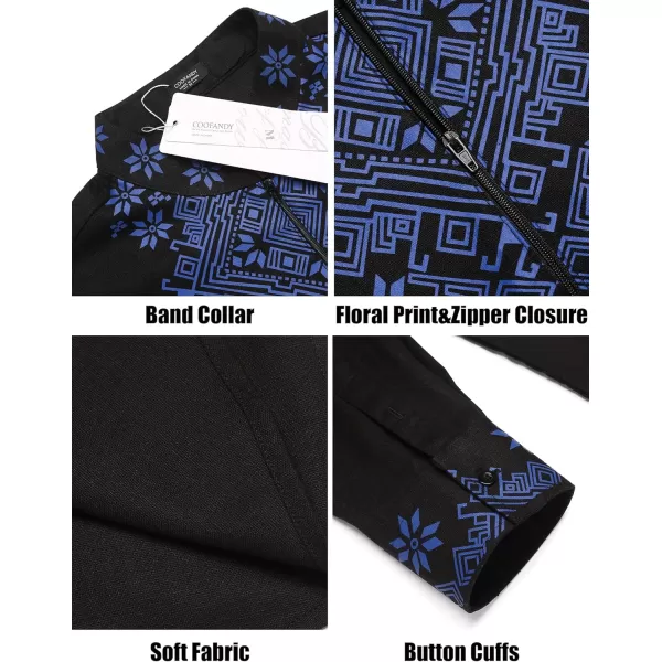 COOFANDY Men's Henley Shirt Vyshyvanka Long Sleeve African Print Shirts Casual Zip Up Cotton Linen Beach Hippie Shirt