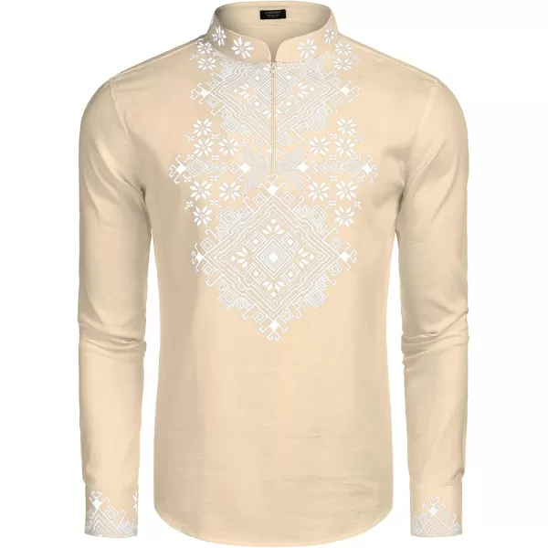 COOFANDY Men's Henley Shirt Vyshyvanka Long Sleeve African Print Shirts Casual Zip Up Cotton Linen Beach Hippie Shirt
