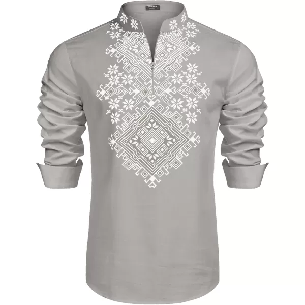 COOFANDY Men's Henley Shirt Vyshyvanka Long Sleeve African Print Shirts Casual Zip Up Cotton Linen Beach Hippie Shirt