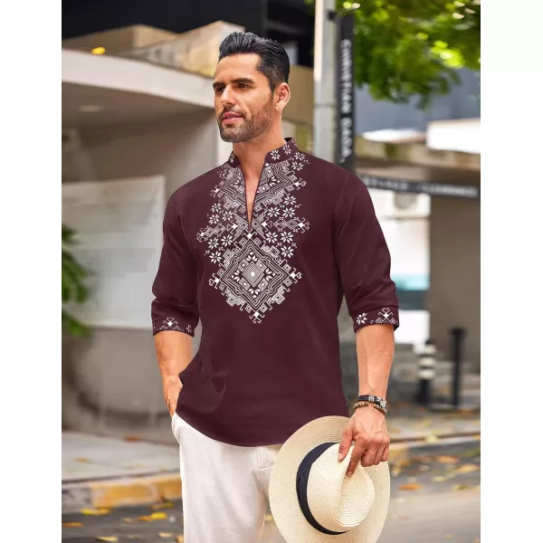 COOFANDY Men's Henley Shirt Vyshyvanka Long Sleeve African Print Shirts Casual Zip Up Cotton Linen Beach Hippie Shirt