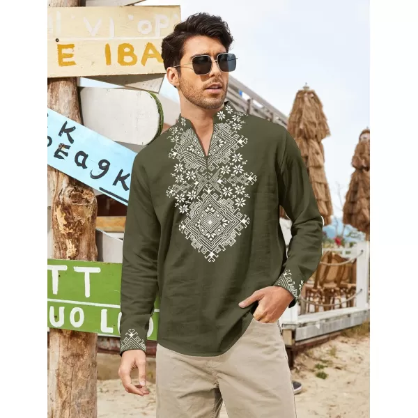 COOFANDY Men's Henley Shirt Vyshyvanka Long Sleeve African Print Shirts Casual Zip Up Cotton Linen Beach Hippie Shirt