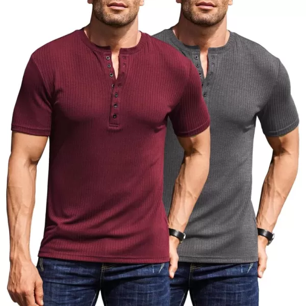 COOFANDY Men's 2 Pack Henley Shirts Short Sleeve Casual Ribbed Knit T Shirts Stretch Muscle Tee Shirts
