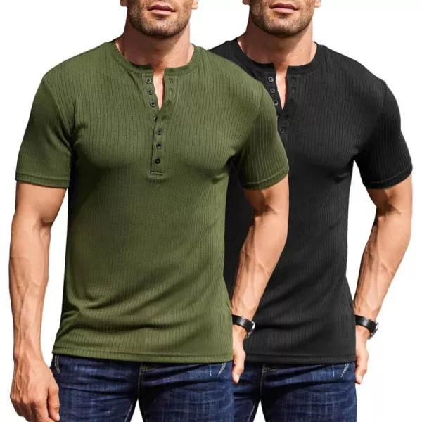 COOFANDY Men's 2 Pack Henley Shirts Short Sleeve Casual Ribbed Knit T Shirts Stretch Muscle Tee Shirts