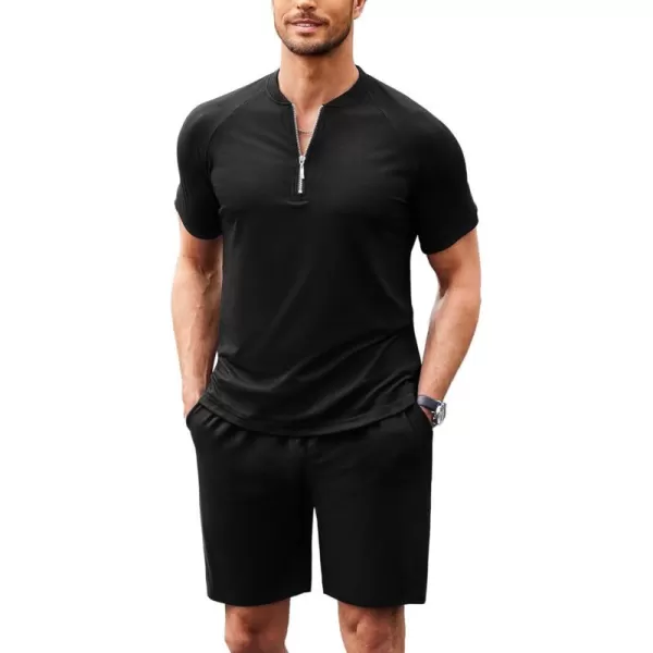 COOFANDY Men's 2 Pieces Outfits Cotton Quarter Zip T Shirt and Shorts Set Casual Athletic Suit Summer Tracksuits