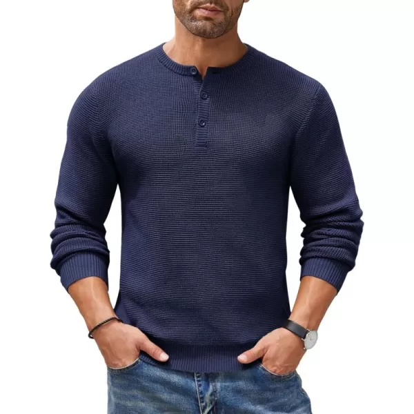 COOFANDY Men's Henley Knit Sweater Long Sleeve Button Pullover Sweater Casual Waffle Texture Fashion Henley Sweater