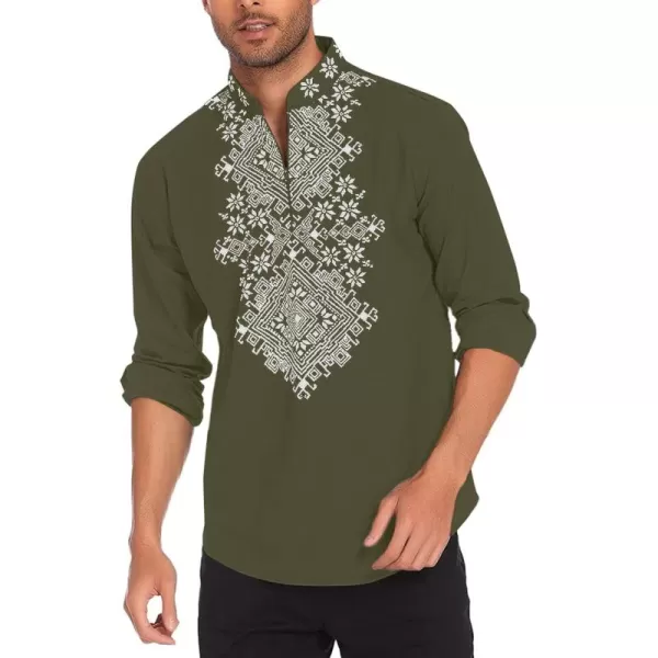 COOFANDY Men's Henley Shirt Vyshyvanka Long Sleeve African Print Shirts Casual Zip Up Cotton Linen Beach Hippie Shirt