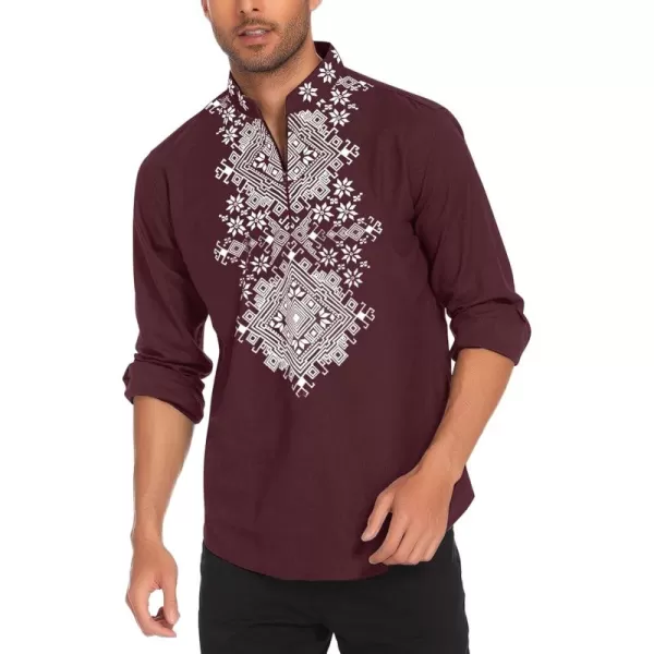 COOFANDY Men's Henley Shirt Vyshyvanka Long Sleeve African Print Shirts Casual Zip Up Cotton Linen Beach Hippie Shirt