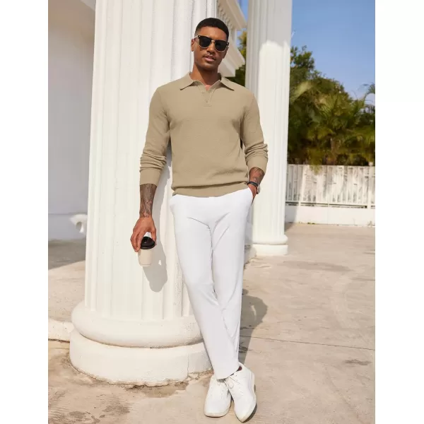 COOFANDY Mens Knit Polo Shirts Long Sleeve Casual Polo Sweaters Shirt Waffle Textured Collared Sweater