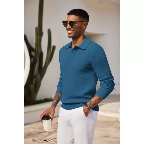 COOFANDY Mens Knit Polo Shirts Long Sleeve Casual Polo Sweaters Shirt Waffle Textured Collared Sweater