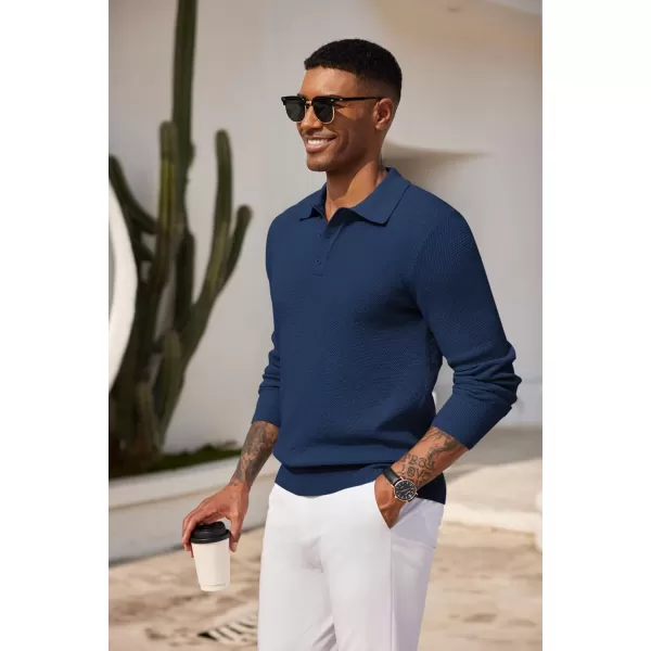 COOFANDY Mens Knit Polo Shirts Long Sleeve Casual Polo Sweaters Shirt Waffle Textured Collared Sweater