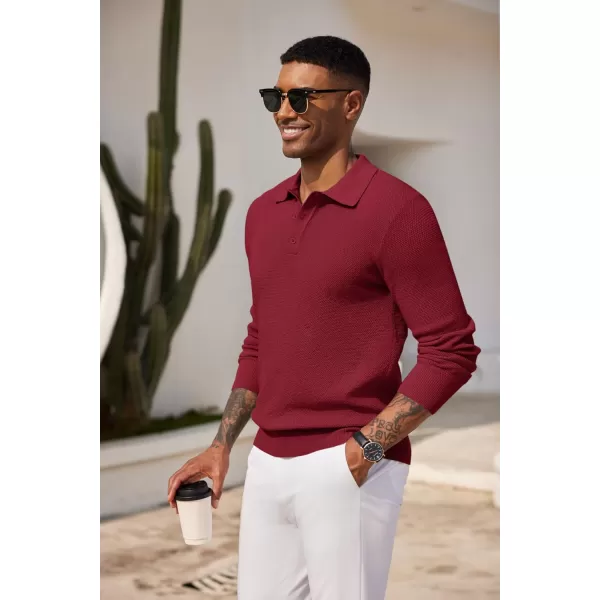 COOFANDY Mens Knit Polo Shirts Long Sleeve Casual Polo Sweaters Shirt Waffle Textured Collared Sweater