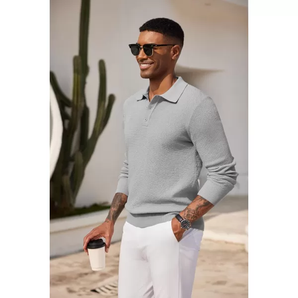 COOFANDY Mens Knit Polo Shirts Long Sleeve Casual Polo Sweaters Shirt Waffle Textured Collared Sweater
