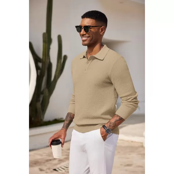 COOFANDY Mens Knit Polo Shirts Long Sleeve Casual Polo Sweaters Shirt Waffle Textured Collared Sweater