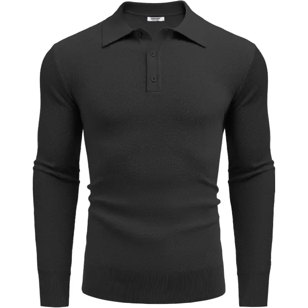 COOFANDY Mens Knit Polo Shirts Long Sleeve Casual Polo Sweaters Shirt Waffle Textured Collared Sweater