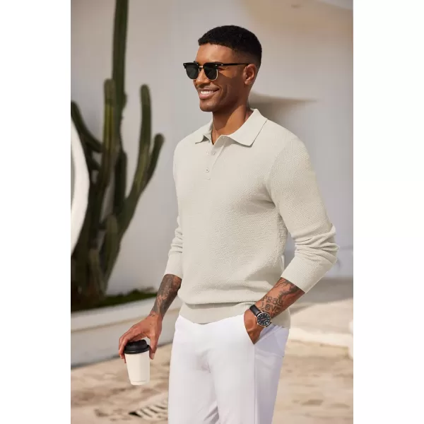 COOFANDY Mens Knit Polo Shirts Long Sleeve Casual Polo Sweaters Shirt Waffle Textured Collared Sweater