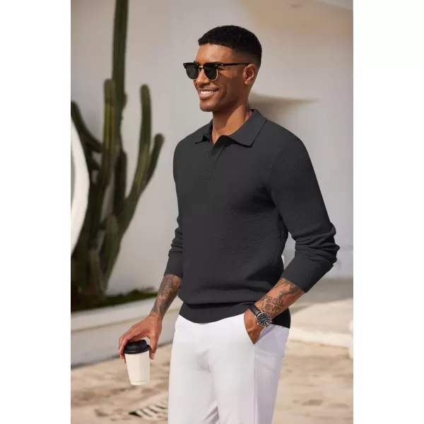 COOFANDY Mens Knit Polo Shirts Long Sleeve Casual Polo Sweaters Shirt Waffle Textured Collared Sweater