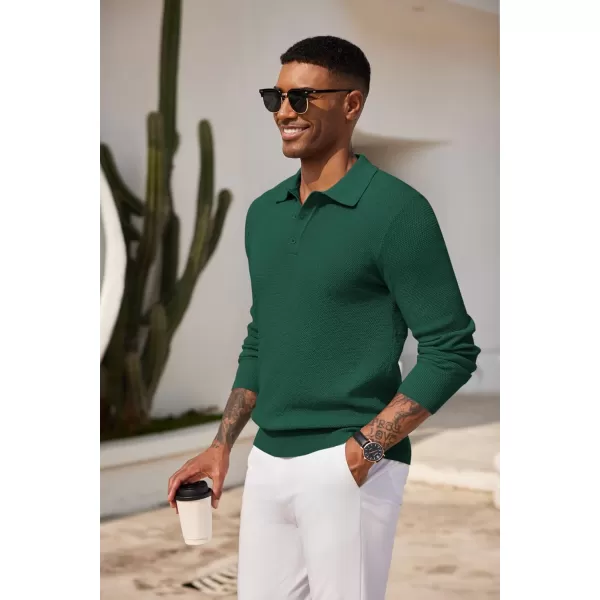 COOFANDY Mens Knit Polo Shirts Long Sleeve Casual Polo Sweaters Shirt Waffle Textured Collared Sweater