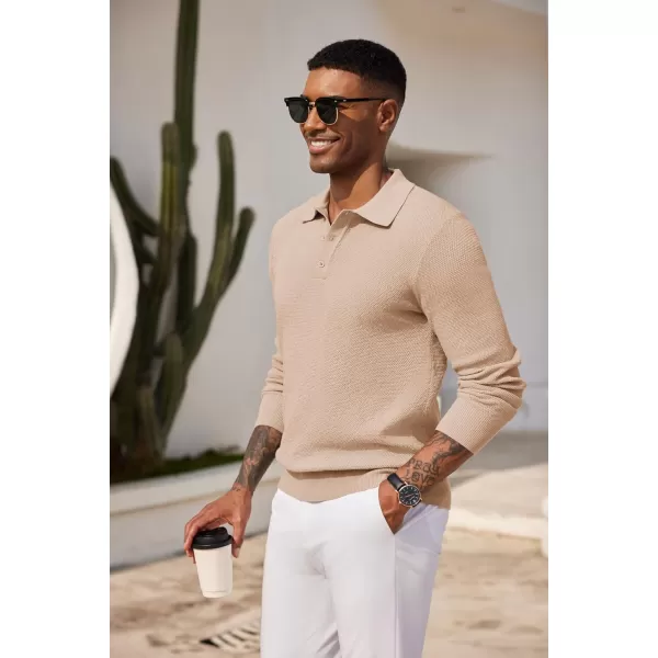 COOFANDY Mens Knit Polo Shirts Long Sleeve Casual Polo Sweaters Shirt Waffle Textured Collared Sweater