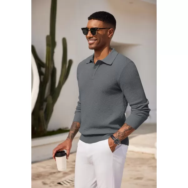 COOFANDY Mens Knit Polo Shirts Long Sleeve Casual Polo Sweaters Shirt Waffle Textured Collared Sweater