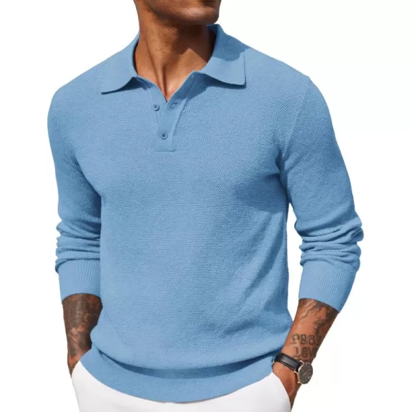 COOFANDY Mens Knit Polo Shirts Long Sleeve Casual Polo Sweaters Shirt Waffle Textured Collared Sweater