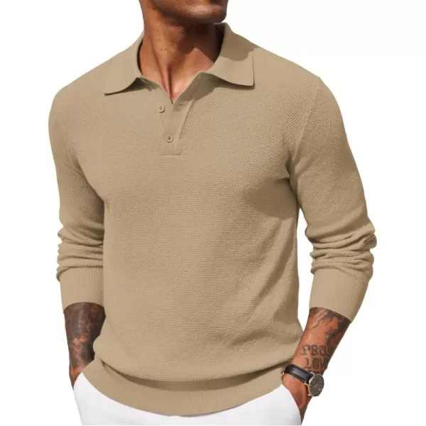 COOFANDY Mens Knit Polo Shirts Long Sleeve Casual Polo Sweaters Shirt Waffle Textured Collared Sweater