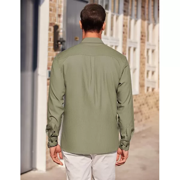 COOFANDY Men Long Sleeve Untucked Shirts Business Casual Shirt Chambray Dress Shirts Army Green