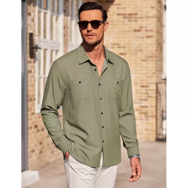 COOFANDY Men Long Sleeve Untucked Shirts Business Casual Shirt Chambray Dress Shirts Army Green